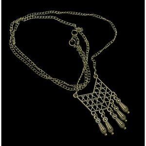 Bohemian Geometric Antiqued Gold Tone Fringe Pendant Necklace